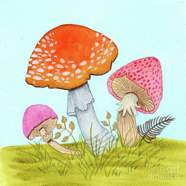 Retro Mushrooms Art Print featuring the painting Retro Mushrooms 3 by Donna Mibus