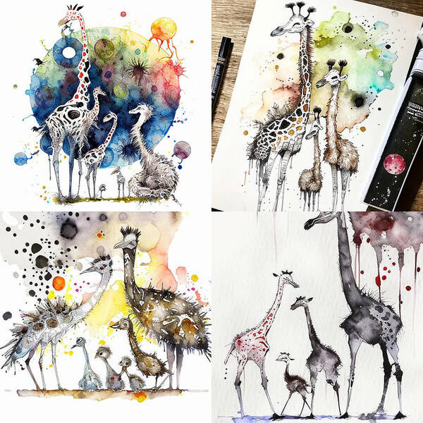 Ostrich And Giraffe Family  Character Concept Art Art Print featuring the digital art Ostrich and Giraffe family  Character concept a  by Asar Studios #3 by Celestial Images