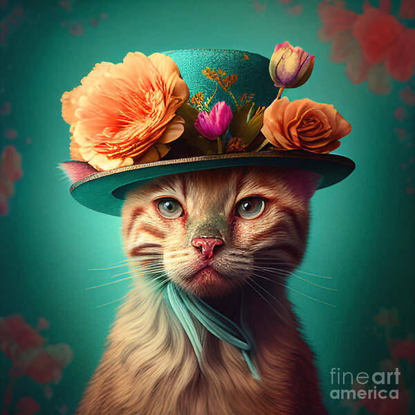 Cat Art Print featuring the mixed media A cat with a hat by Binka Kirova