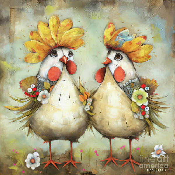 Chickens Art Print featuring the painting A Couple Of Chicks From Texas by Tina LeCour