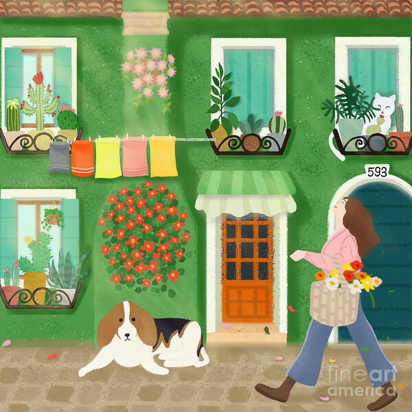 Houses Art Print featuring the drawing A girl with a basket of flowers by Min Fen Zhu