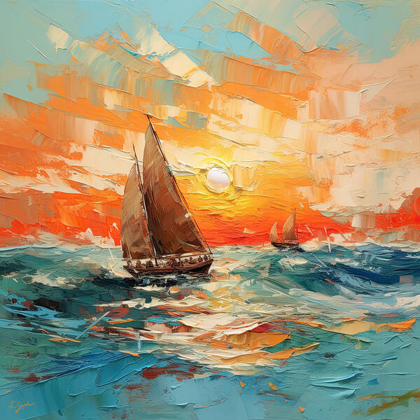 Turquoise And Orange Art Print featuring the digital art A Symphony of Turquoise and Orange - Sailboats at Sunset by Lourry Legarde