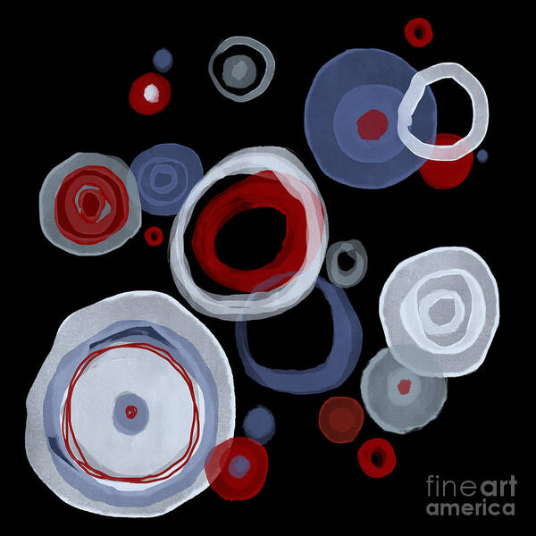 Abstract Shapes Art Print featuring the painting Abstract Circles in Red White and Blue at Night by Patricia Awapara