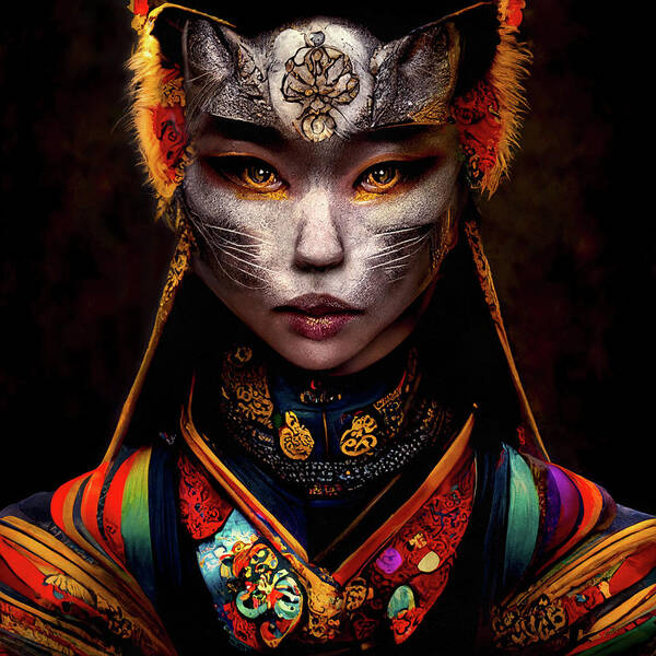Warriors Art Print featuring the digital art Amala the Tibetan Cat Woman Warrior by Peggy Collins