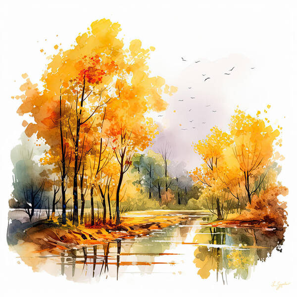 Autumn Watercolor Painting Art Print featuring the digital art Amber and Gold - An Autumn Impression by Lourry Legarde