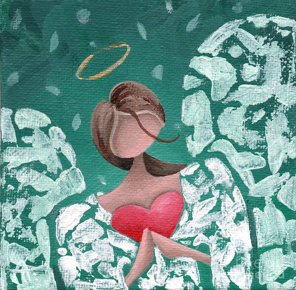 Angel Art Print featuring the painting Angel Hearted - Teal Square by Annie Troe