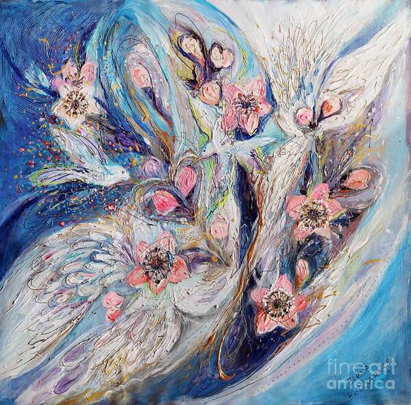 Angel Art Print featuring the painting Angel Wings #22. The Blossoming on Blue by Elena Kotliarker