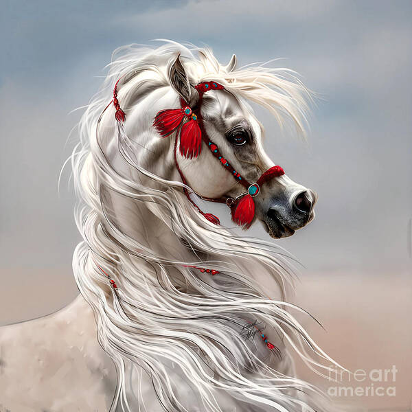 Equestrian Art Art Print featuring the digital art Arabian with Red Tassels by Stacey Mayer by Stacey Mayer