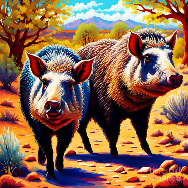 Arizona Desert Javelinas Art Print featuring the digital art Arizona Desert Javelinas by Two Hivelys