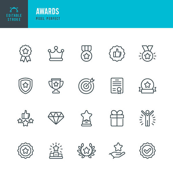 Crown Art Print featuring the drawing AWARDS - thin line vector icon set. Pixel perfect. Editable stroke. The set contains icons: Award, First Place, Winners Podium, Leadership, Certificate, Laurel Wreath, Medal, Trophy, Gift. by Fonikum