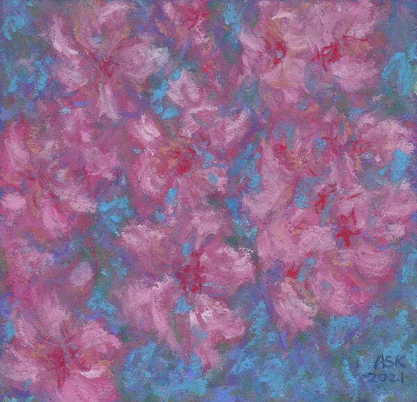 Azaleas Art Print featuring the pastel Azaleas on Blue by Anne Katzeff
