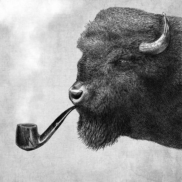 Bison Art Print featuring the drawing Big Smoke - black and white by Eric Fan