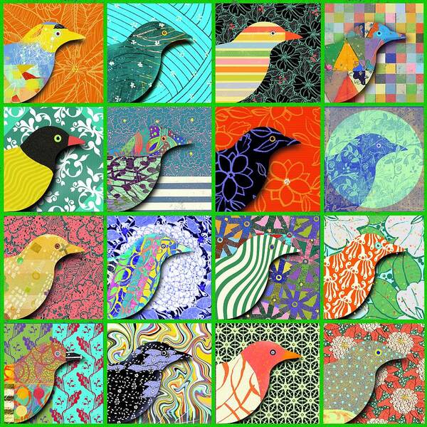 Bird Art Print featuring the digital art Birdland - green by Steve Hayhurst
