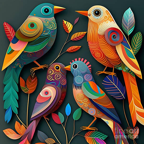 Birds Art Print featuring the digital art Birds - Folk Art I by Jay Schankman