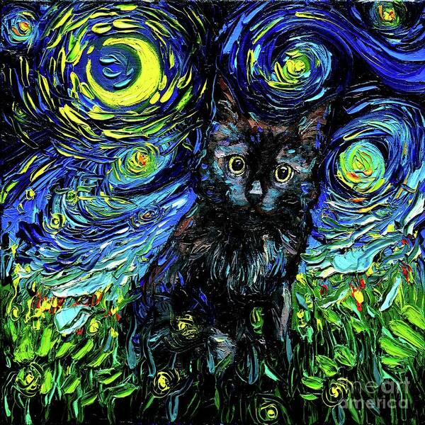 Black Cat Night 3 Art Print featuring the painting Black Cat Night 3 by Aja Trier