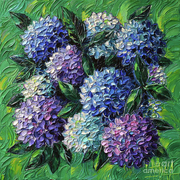 Hydrangeas Art Print featuring the painting Blue And Purple Hydrangeas by Mona Edulesco