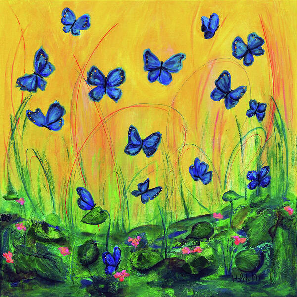 Blue Butterfly Painting Art Print featuring the painting Blue Butterflies in Early Morning Garden by Haleh Mahbod