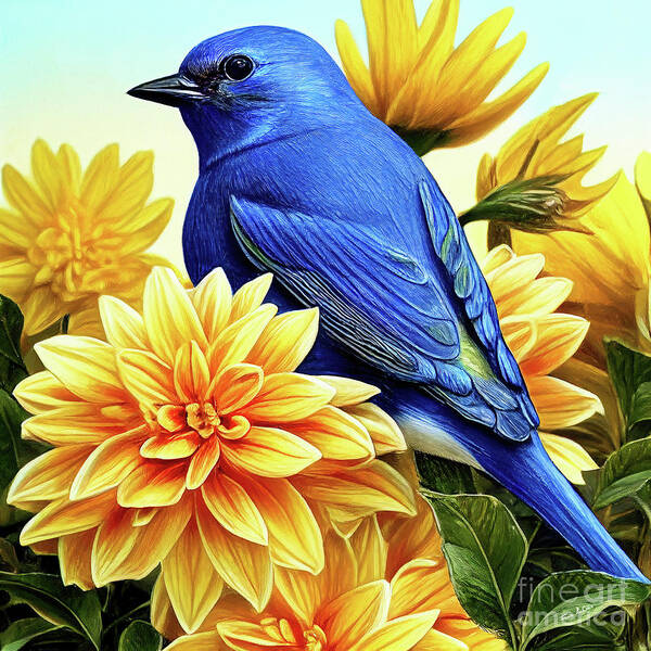 Eastern Bluebird Art Print featuring the painting Bluebird In The Yellow Peonies by Tina LeCour