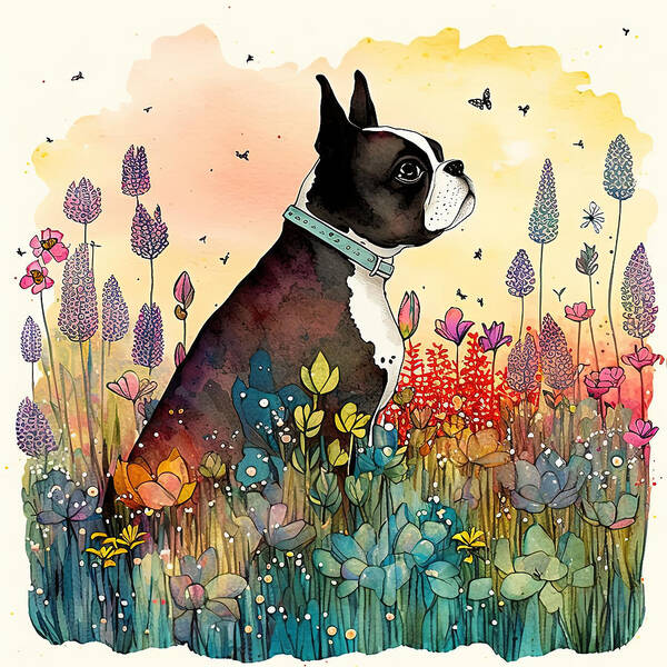 Boston Terrier Art Print featuring the digital art Boston Terrier in a flower field by Debbie Brown