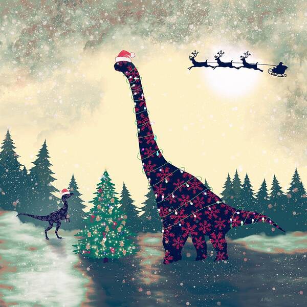 Christmas Art Print featuring the digital art Brontosaurus and Velociraptor Christmas by Anastasiya Malakhova