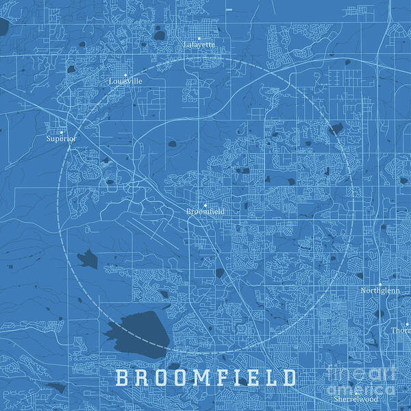Colorado Art Print featuring the digital art Broomfield CO City Vector Road Map Blue Text by Frank Ramspott