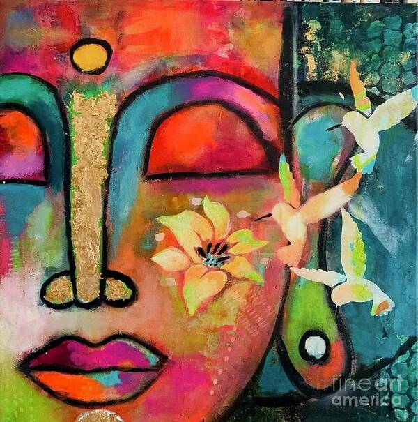 Buddha Paiting Art Print featuring the digital art Buddha with birds by Corina Stupu Thomas