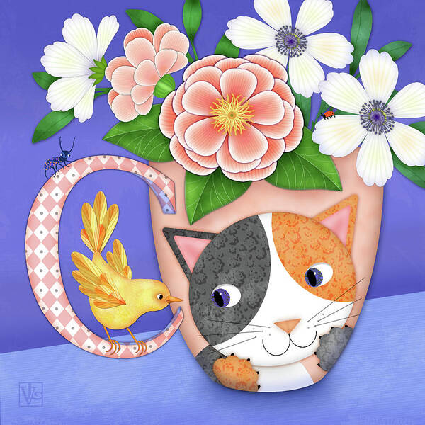 Teacup Art Print featuring the digital art C is for Cat on a Cup with Canary by Valerie Drake Lesiak