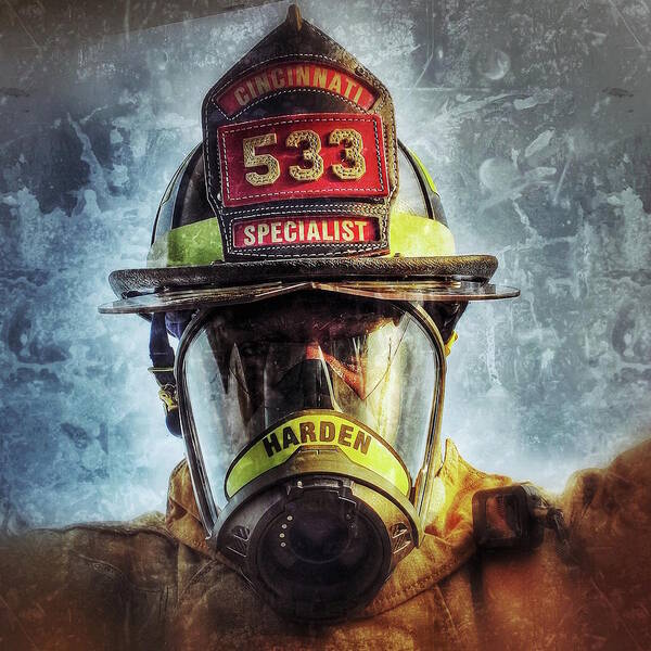 Firefighter Fireman Mask Fire Helmet Specialist Cincinnati Fire Department Art Print featuring the photograph Car 533 by Al Harden