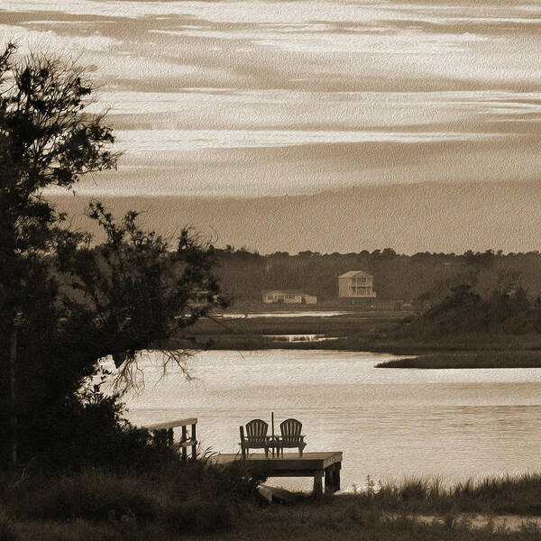 Beach Scene Art Print featuring the photograph Chairs on a Dock by Mike McGlothlen
