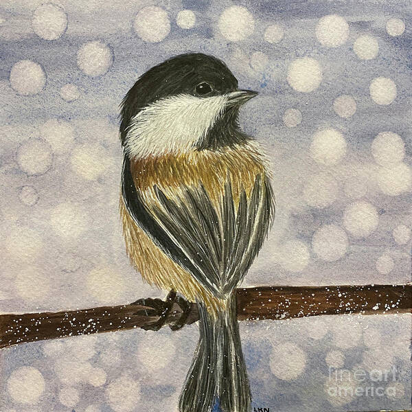 Chickadee Art Print featuring the painting Chickadee In Snow by Lisa Neuman