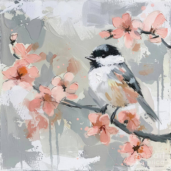 Chickadee Art Print featuring the painting Chickadee In The Peach Blossoms by Tina LeCour