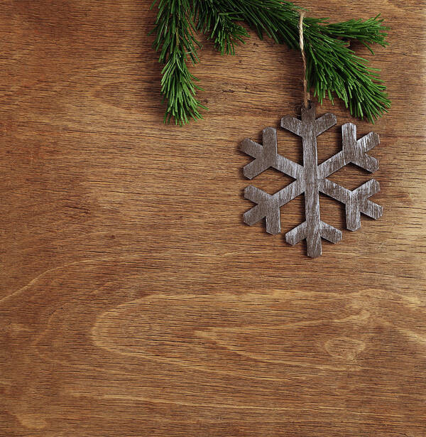 Christmas Art Print featuring the mixed media Christmas Wooden Background With Snowflake by Mikhail Kokhanchikov