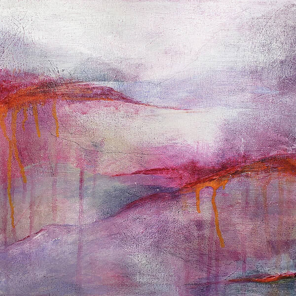 Red Art Print featuring the painting CLIMATE CHANGE III Abstract Landscape Sunset in Red Pink Purple Orange Gray by Lynnie Lang