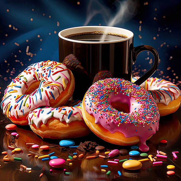 Coffee And Donuts Art Print featuring the digital art Coffee Date by Lourry Legarde