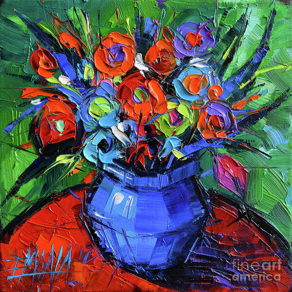 Colorful Bouquet In Blue Vase Art Print featuring the painting Colorful Bouquet In Blue Vase by Mona Edulesco