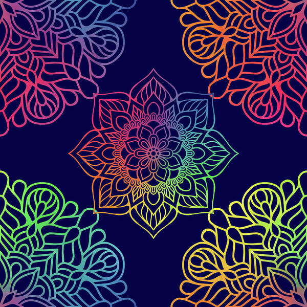 Mandala Art Print featuring the digital art Colorful Mandala Pattern In Blue Background by Sambel Pedes