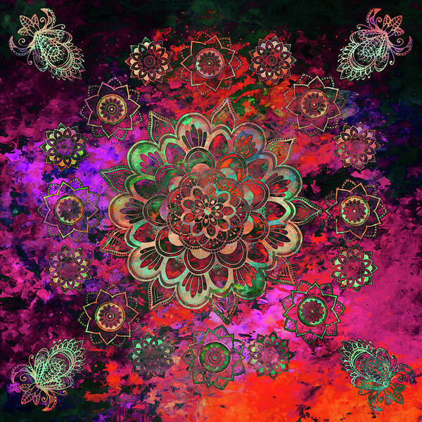 Mandalas Art Print featuring the digital art Colorful Mandala Worlds by Peggy Collins