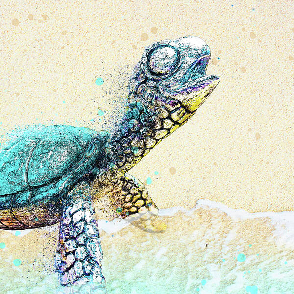 Sea Turtle On Beach Art Print featuring the digital art Colorful Sea Turtle on the Shore by Pamela Williams
