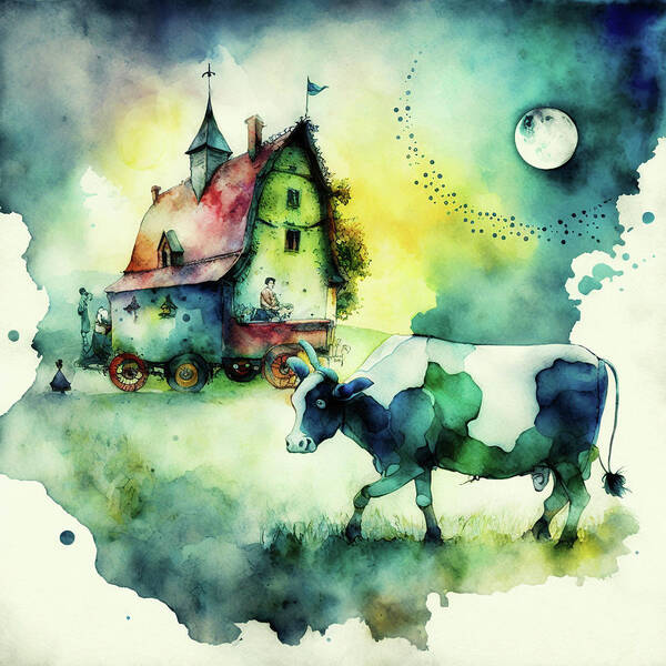 Farm Art Print featuring the digital art Cow and Barn by Robert Knight