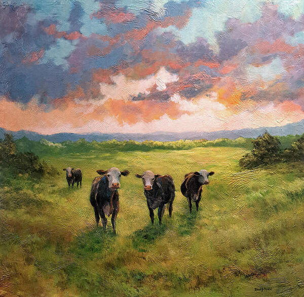 Cows Art Print featuring the painting Cows at sunsete by David Maynard