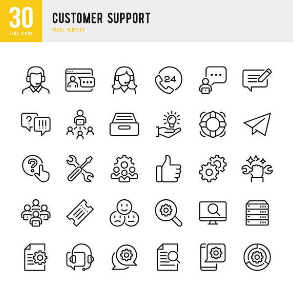 Working Art Print featuring the drawing Customer Support - thin line vector icon set. Pixel perfect. The set contains icons: Contact Us, Life Belt, Support, 24 Hrs Telephone, Text Messaging, Ticket. by Fonikum