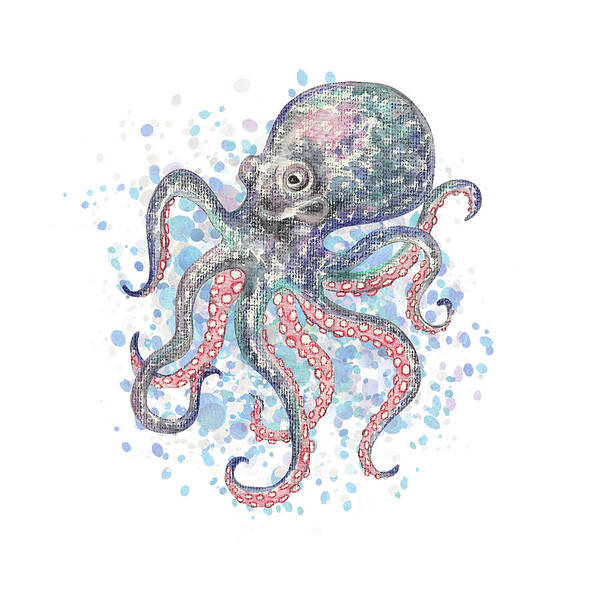 Octopus Art Print featuring the painting Cute Watercolor Octopus On A Splash Of Teal Blue Water Beach Art by Irina Sztukowski