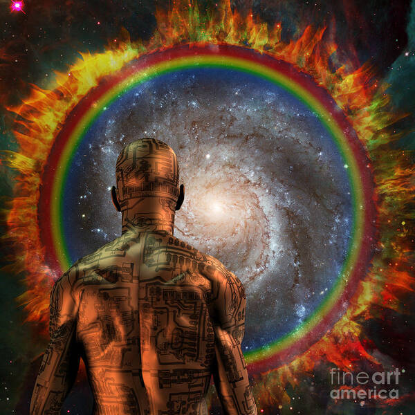 Cyborg Art Print featuring the digital art Cyborg before the space portal by Bruce Rolff