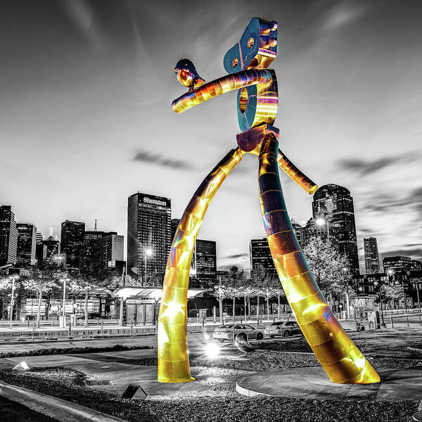 Dallas Texas Art Print featuring the photograph Dallas Texas Monochrome Skyline and Golden Traveling Man by Gregory Ballos