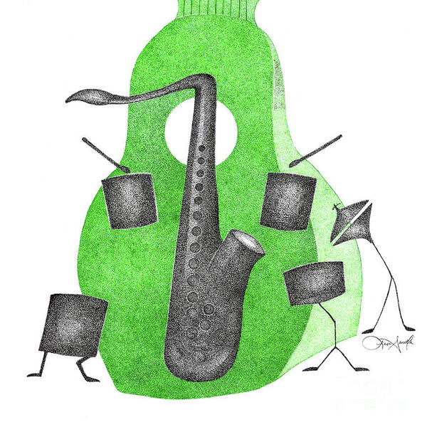 Jazz Art Print featuring the drawing Dancing Instruments-Green by Lisa Senette