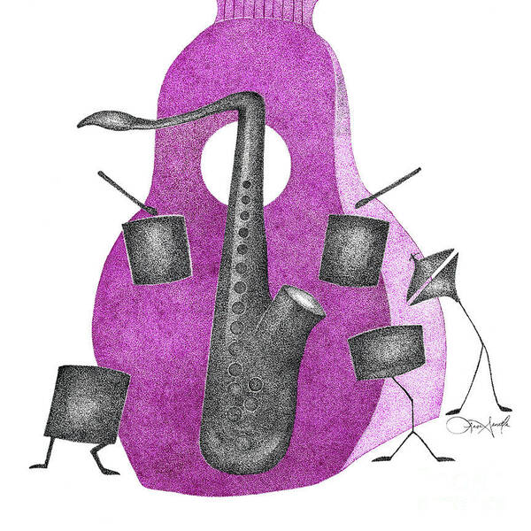 Jazz Art Print featuring the drawing Dancing Instruments-Magenta by Lisa Senette