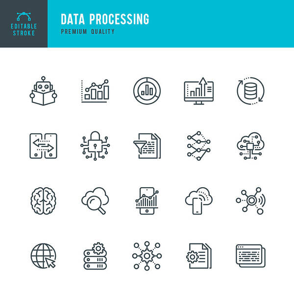 Internet Art Print featuring the drawing Data Processing - thin line vector icon set. Editable stroke. Pixel Perfect. Set contains such icons as Data, Infographic, Big Data, Cloud Computing, Machine Learning, Security System. by Fonikum