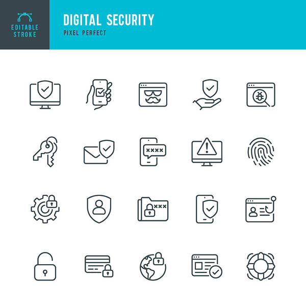 Internet Art Print featuring the drawing Digital Security - thin line vector icon set. Pixel perfect. Editable stroke. The set contains icons: Security System, Antivirus, Privacy, Fingerprint, Web Page, Password, Support. by Fonikum