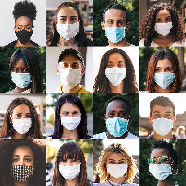 Diversity Art Print featuring the photograph Diverse group of people portraits with surgical masks by LeoPatrizi