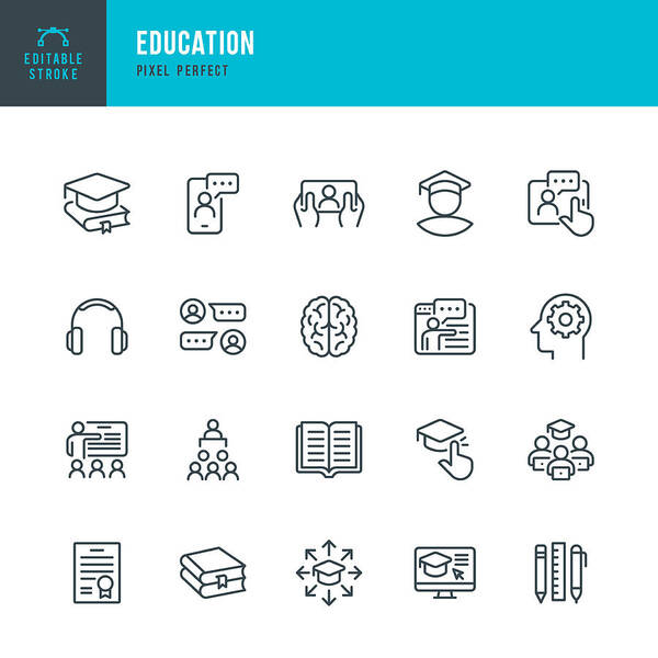 Internet Art Print featuring the drawing EDUCATION - thin line vector icon set. Pixel perfect. Editable stroke. The set contains icons: E-Learning, Education, Home Schooling, Classroom, Diploma, Social Distancing, Web Conference. by Fonikum